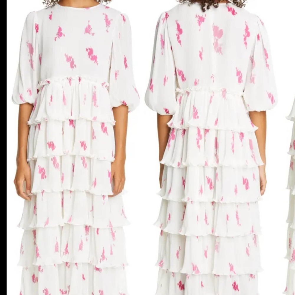 Ganni White and Pink Tiered Dress